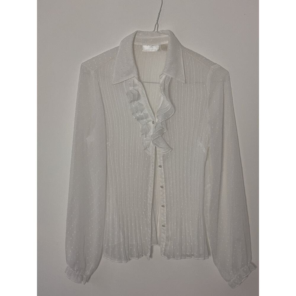 Luxe by NW Design Co White Sheer Swiss Dot Ruffled Long Sleeve Top Blouse - Picture 5 of 7